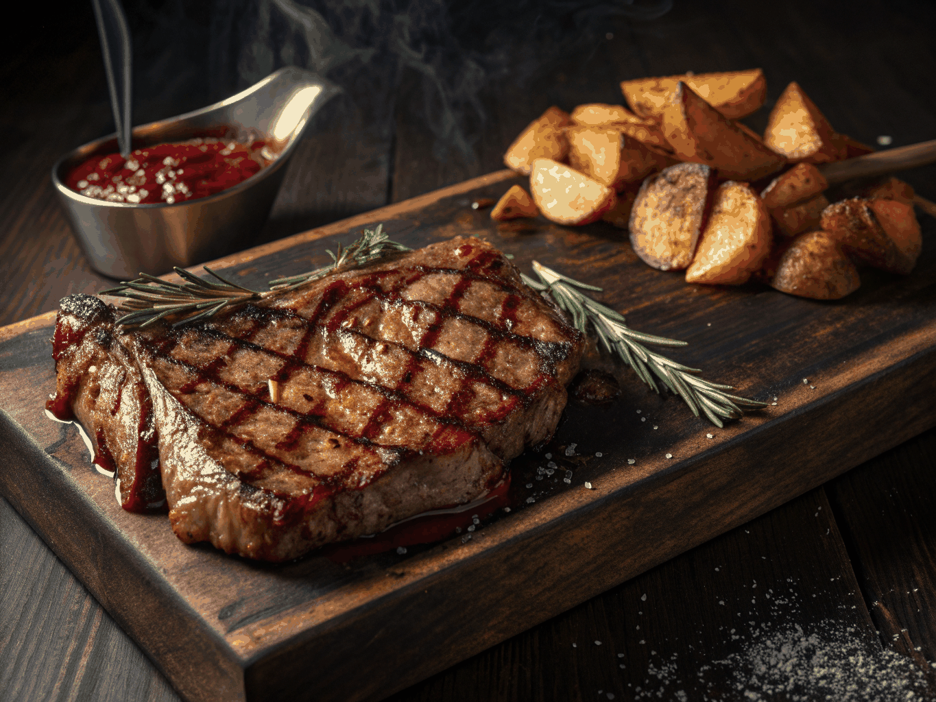 Grilled T-bone steak served with rosemary and sea salt