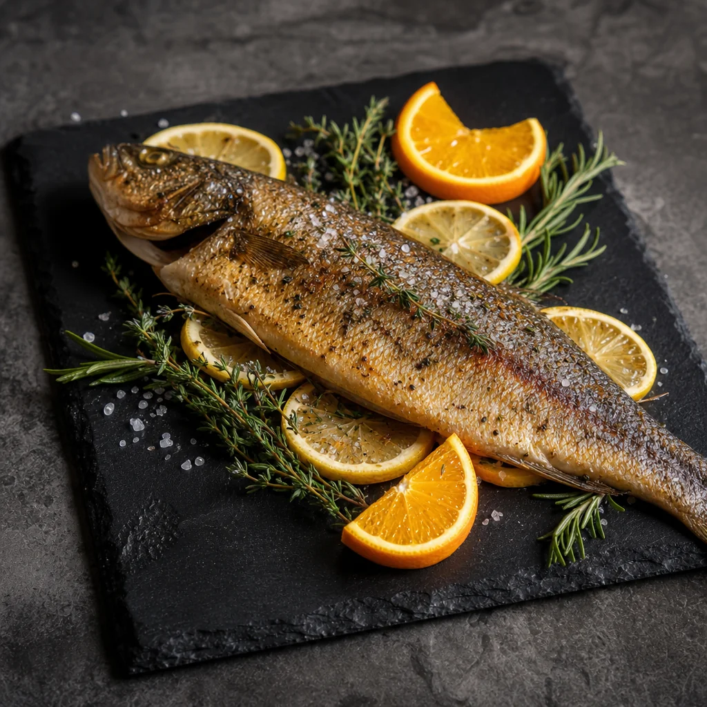 Roasted Mediterranean sea bass with fresh herbs and fennel