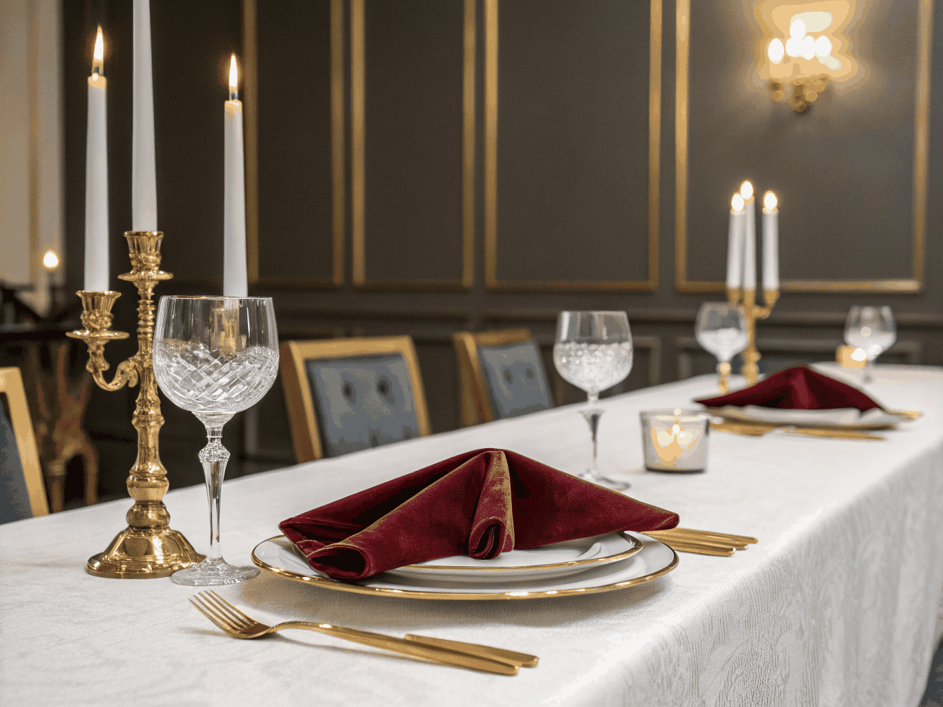 Intimate candlelit dining table set with crystal glassware and linen napkins