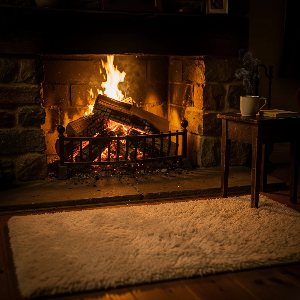 Close-up of wood-fired hearth embers and artisanal olive oil cruet