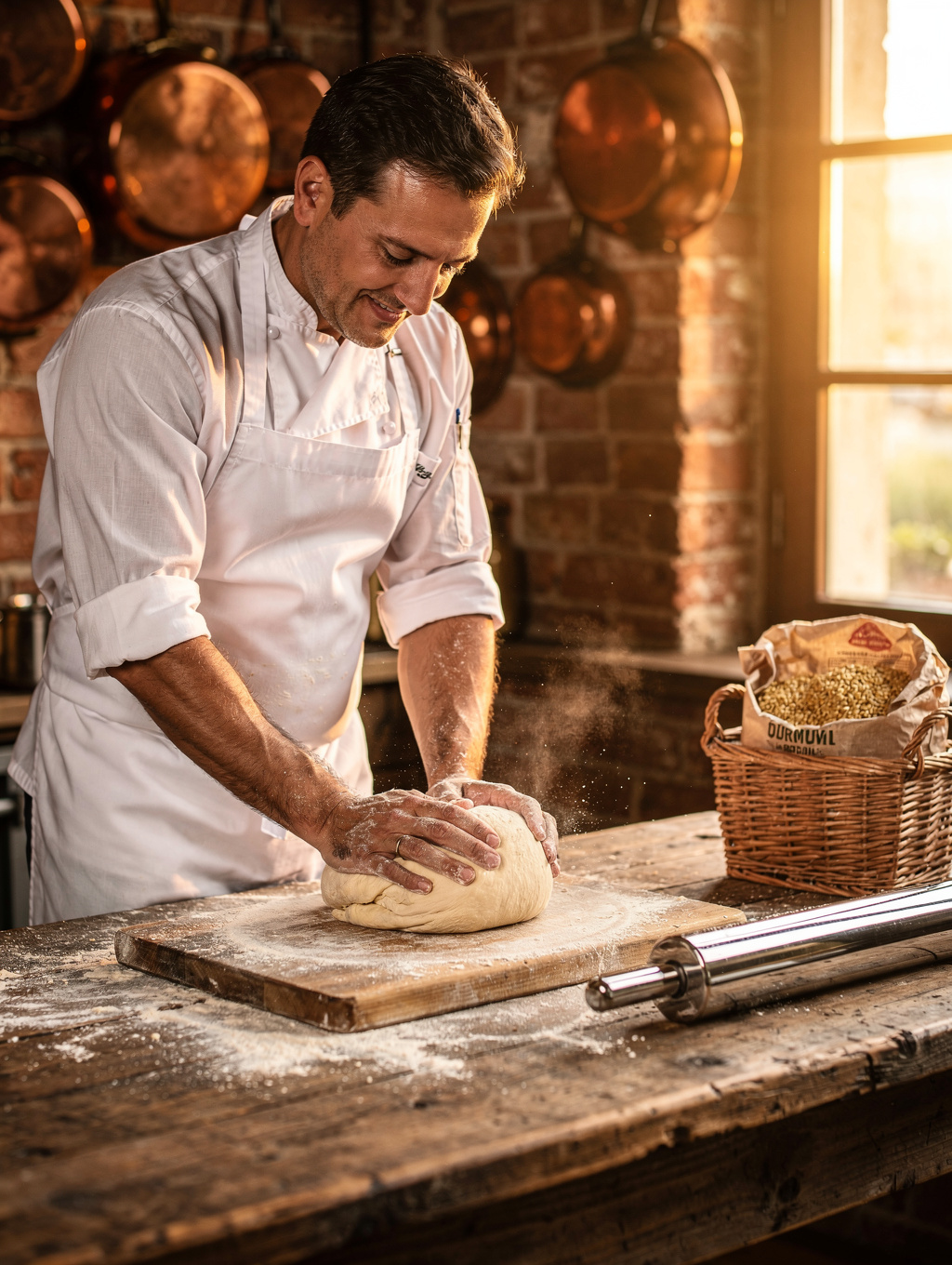 Chef hand-stretching delicate pasta dough in the open kitchen