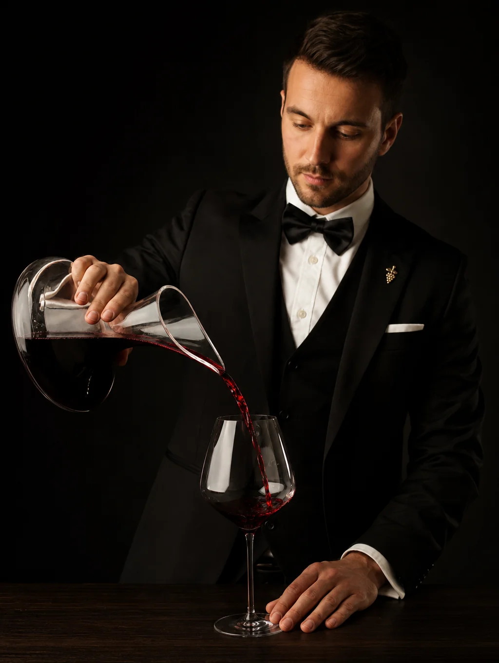 Sommelier pouring reserve white wine into a crystal glass