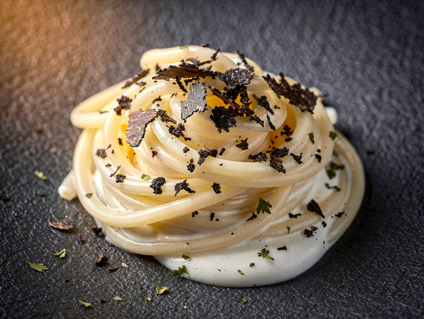 Handmade tagliatelle pasta with shaved black winter truffles